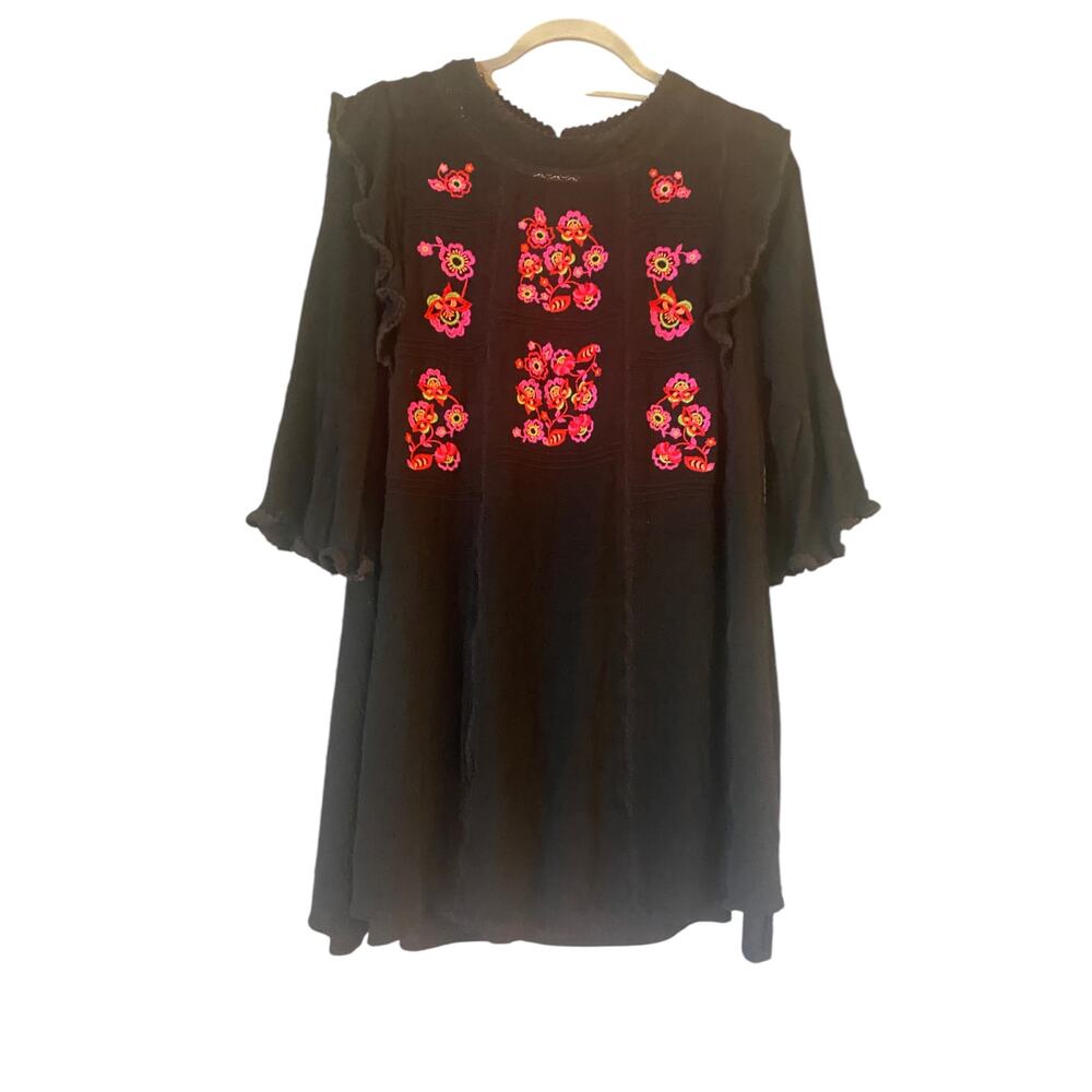 See And Be Seen black 3/4 sleeve 100% cotton dress floral embroidery Size S